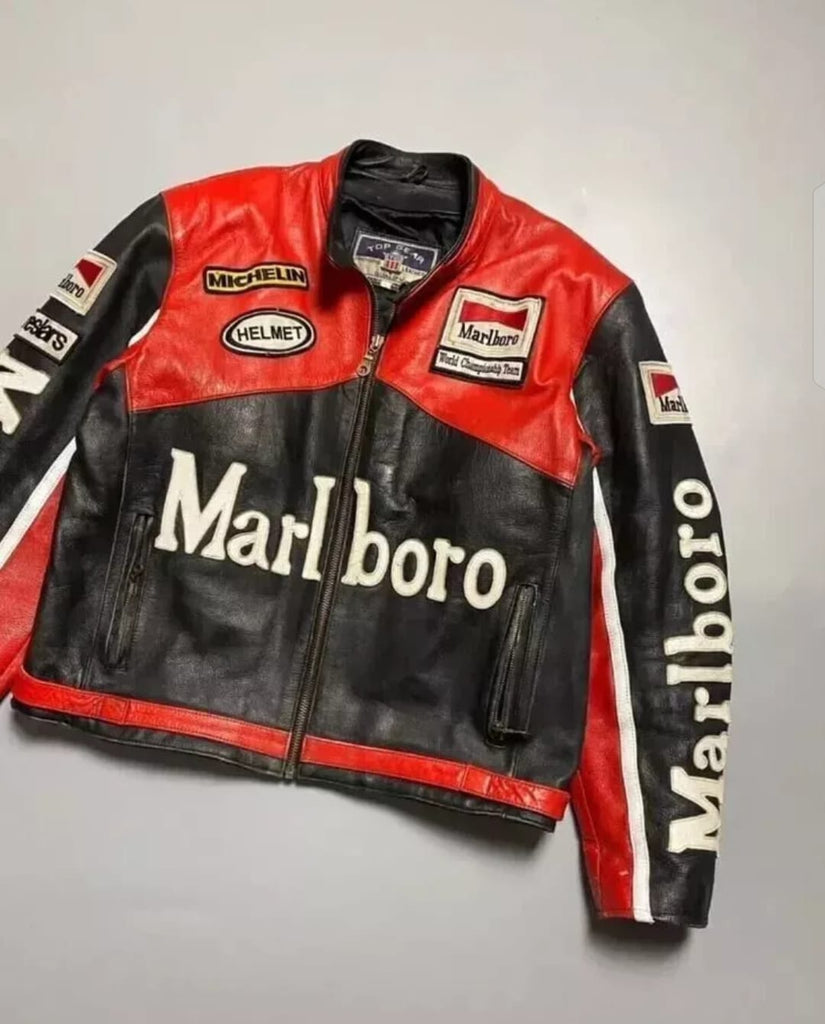 Motorcycle Racing Cowhide Vintage Marlboro Leather Jacket